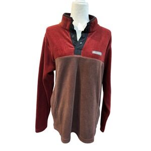 Columbia Fleece Pullover‎ Mens Colorblock Maroon Brown Button Mock Neck